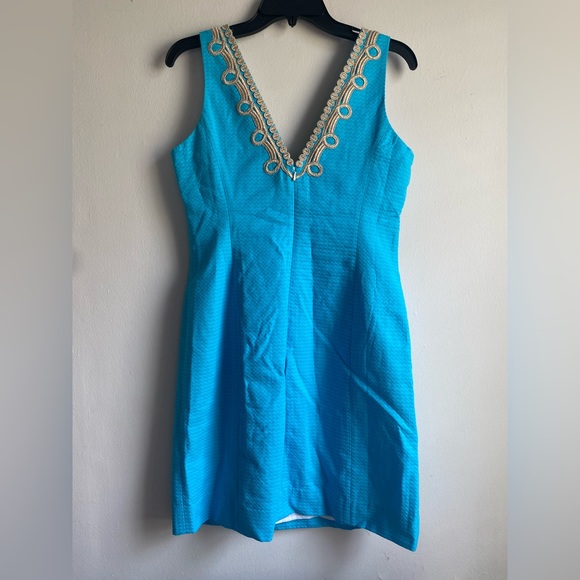 Lilly Pulitzer Bentley Shift Dress Searulean Blue Gold Embroidered Size 10 - Picture 10 of 13